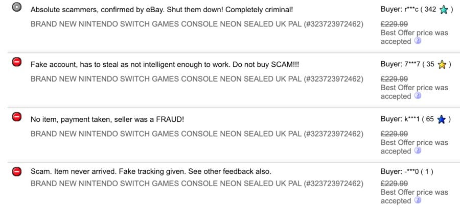 A screenshot of recent feedback given to eBay seller, gtrade2015