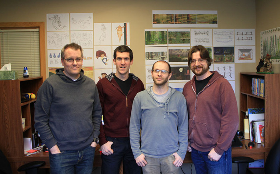 Buddy & Me Team, from left to right: Andrew Brinkworth (Character Illustrator, Animator), Brennan McQuerry (Lead Programmer), Gene Lange (Background Concept, Painter) and Jason Behr (President, Creative Director)