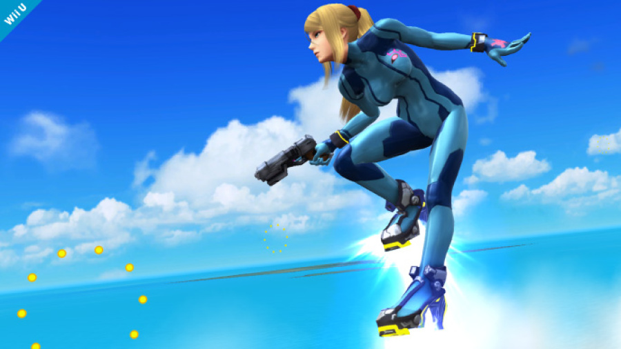 Zero Suit Samus with her "jet boots" in Super Smash Bros. for Wii U