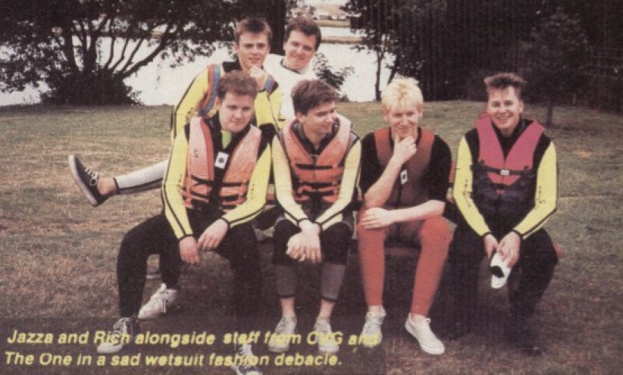 Watsham (second from the left) along with several other EMAP staffers at a rather wet US Gold press event