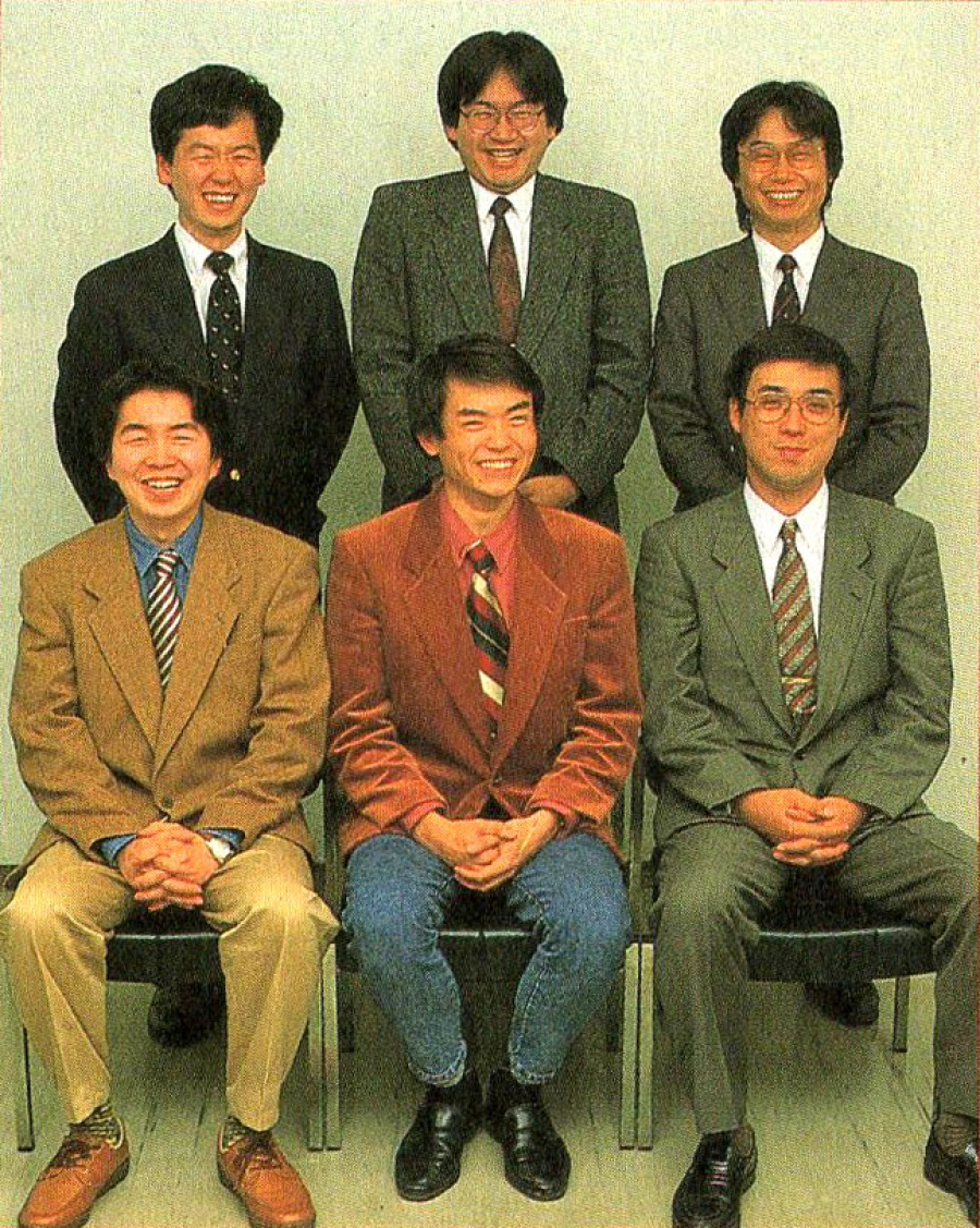 Top row, L-R: Takao Shimizu, Satoru Iwata, Shigeru Miyamoto. Bottom: Takashi Saitou, Masahiro Sakurai, Hiroaki Suga.