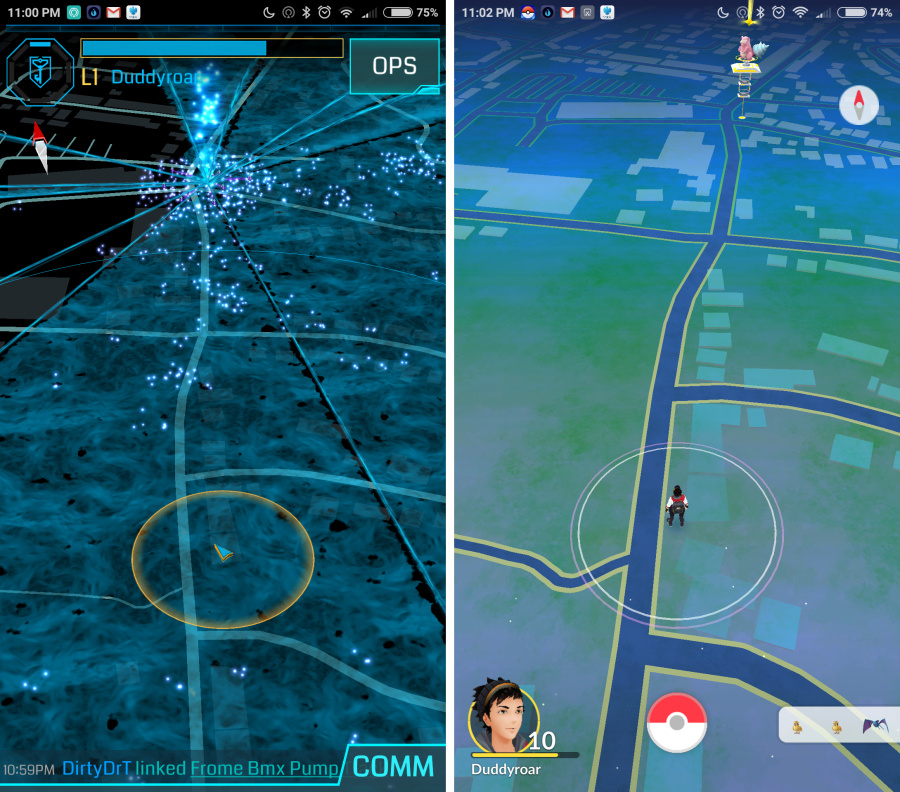 The image on the left is taken from Ingress, with the white dots denoting XM locations. The image on the right is from Pokémon GO and is the exact same location. Pokémon GO's view lacks the XM coverage, which means there's very little indication of where Pokémon may be hiding - and that's what makes Ingress such an invaluable tool.