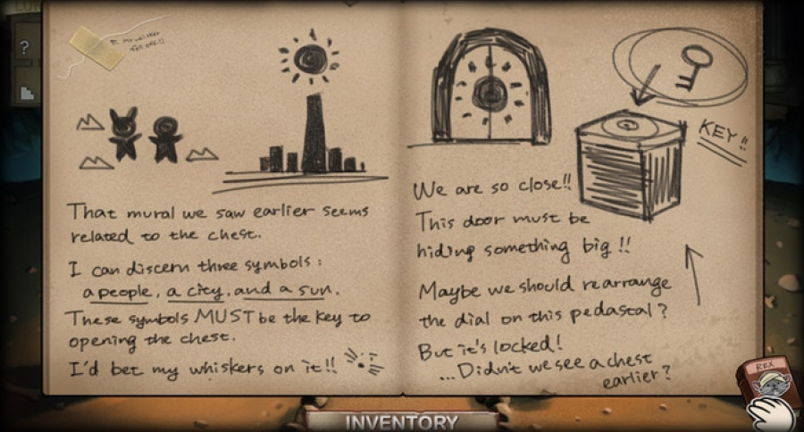 Nairi's partner, Rex, holds a journal which serves as a hint-system!