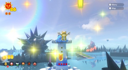 (Clockwise from top left) Climb the finger and pull backwards to 'prime' it, aiming in the direction shown. Release the analogue stick and Mario will fly through the air and collect the shard