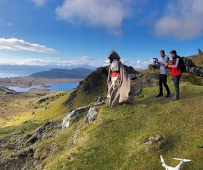 The homage to Star Wars was filled on the Isle of Skye in Scotland, at the 'Old Man of Stor' which has previously been seen on-screen in the opening scenes of Ridley Scott's Prometheus