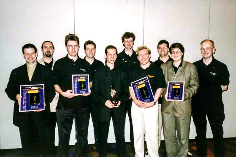 The Perfect Dark team at E3 (from left to right): Duncan Botwood, Dave Doak, Steve Ellis, Ross Bury, Martin Hollis, Mark Edmonds, Karl Hilton, Lee Ray, B Jones, Graham Norgate