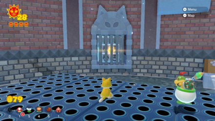 (Clockwise from top left) Once you've finished the third and final boss fight, you'll spot the Cat Shine in the wall. Leave the inside of the colosseum and you'll spot Bowser Blocks on the other side. Once Fury Bowser has unleashed his fire attack, it's yours