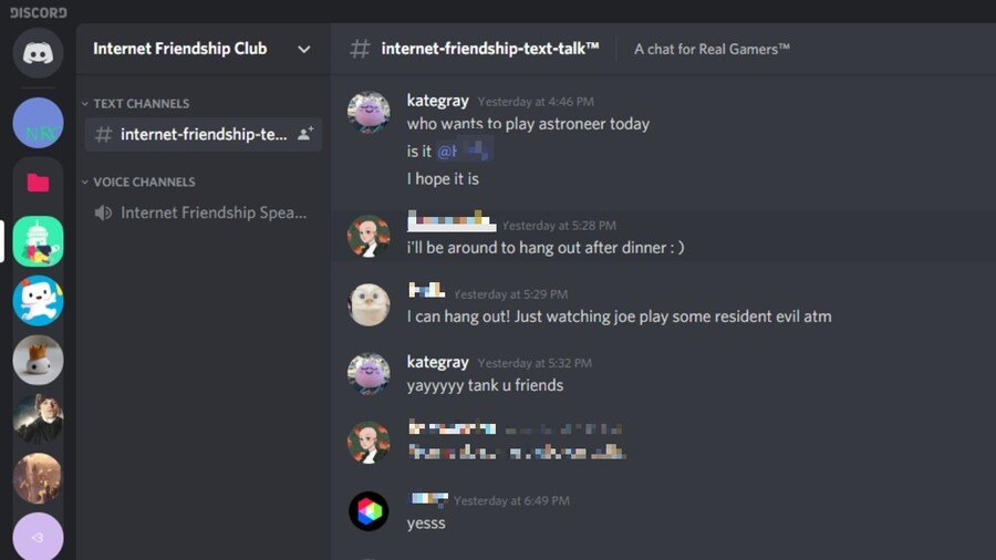 On the left: Discord servers for game-playing, movie watching, and D&D. On the right: Me, pestering my friends for attention.