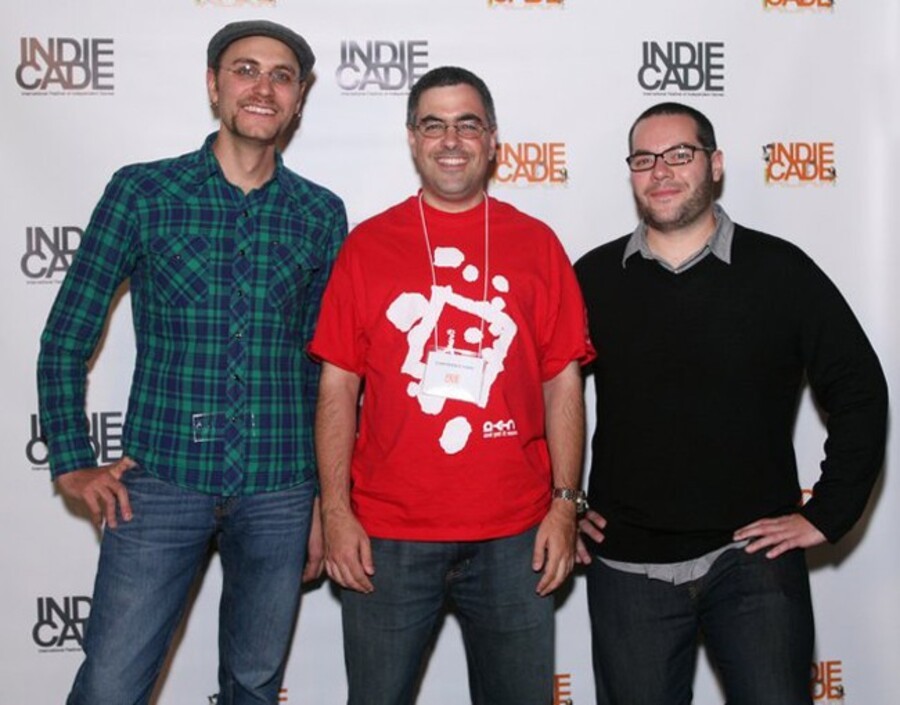 Dan in the middle sporting a rather fetching And Yet It Moves t-shirt. With Alex Neuse and Mike Roush from Gaijin Games
