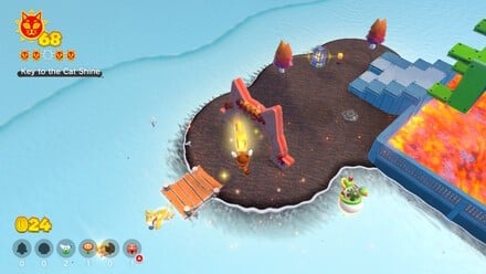 (Clockwise from top left) Use the Propellor boxes to reach the lighthouse with ease. Once at the top, you'll have to give up the Propellor box to hold the key, but as long as you have the Tanooki suit, you can simply float down to the cage from the lighthouse