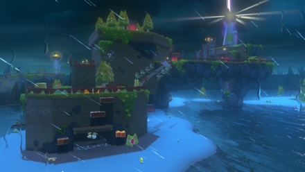 (Clockwise from left) The row of blocks cannot be removed until Bowser wakes from his slumber and uses his fire breath. Once they've gone, nab the Shine to illuminate the lighthouse