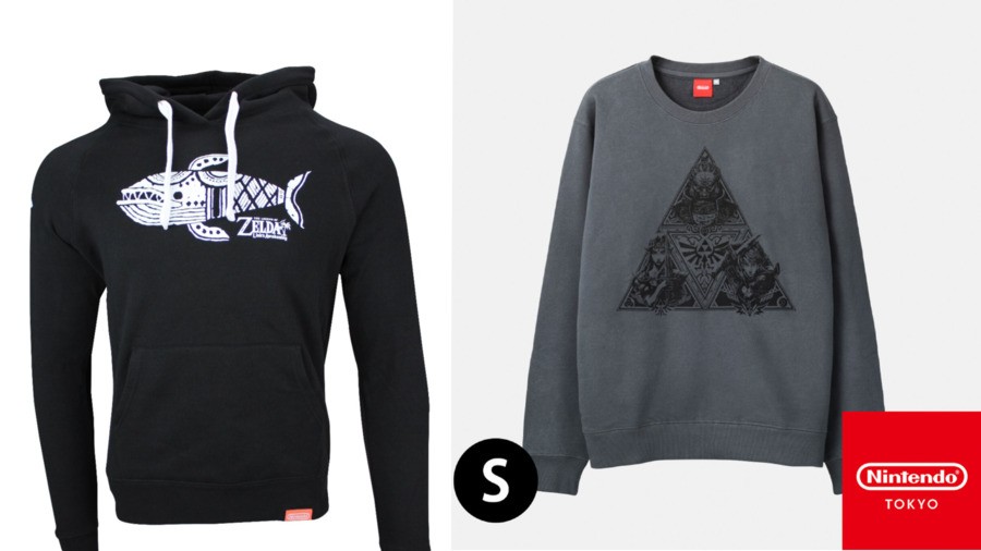 On the left, a Zelda hoodie from the America store. On the right, a Zelda sweatshirt from the Japan store - with unique art, and no logo