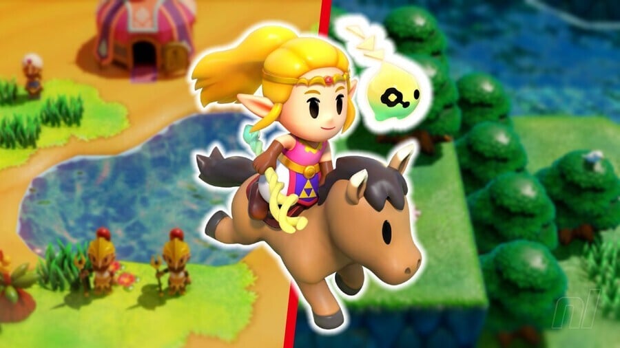 Echoes of Wisdom featuring Zelda riding Horse on Gerudo and Jabul