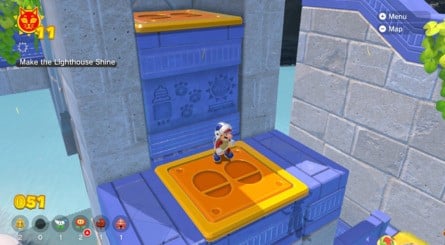 (Clockwise from top left) Use the bounce pads to climb up the island, and be prepared to take down some enemies along the way. The Shine is located at the base of the island's lighthouse