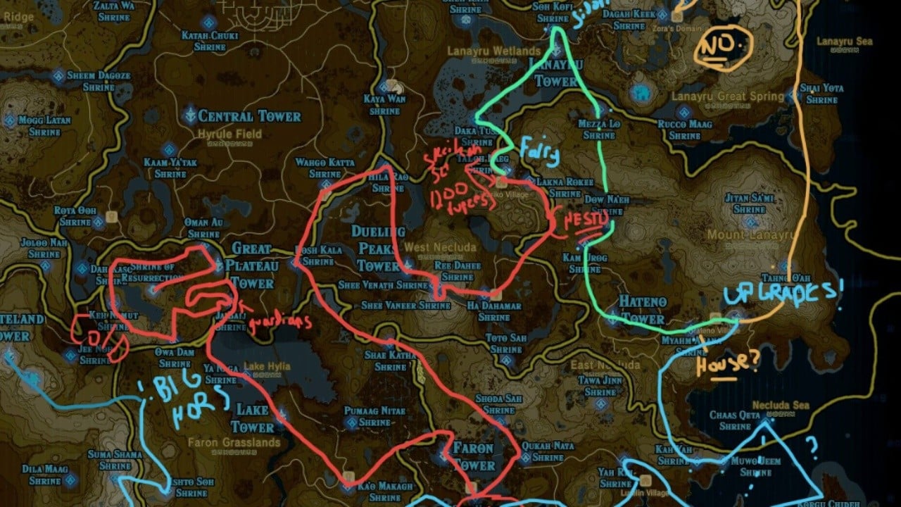 The Legend of Zelda: Breath of the Wild map shows a path to every