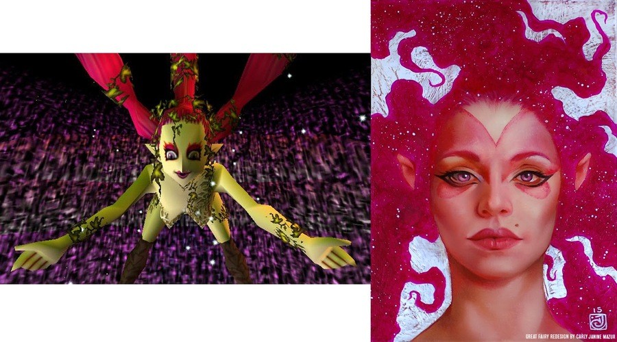 Great Fairy (Zelda: Ocarina of Time) redesign by Carly Janine Mazur - "The Great Fairy in Ocarina of Time of pointy-boobed fame. As a fairy I believe her minimal ivy-covered “outfit” is very appropriate--except the boots, she’s a fairy, get rid of the boots--however, I have always felt the need to give her face a makeover to rid her of the “lady of the night” vibe."