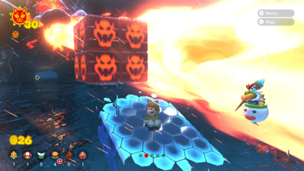 (Clockwise from top left) Behind the lighthouse you'll find this hidden path. Climb up, wait for Bowser to fry the blocks, and you've got yourself another Cat Shine