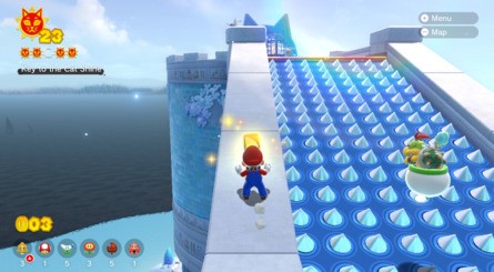 (Clockwise from top left) The cage is situated near the archway. Dash down the slope to get the key, then carefully walk it back to the top, being wary of spikes