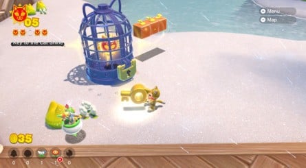 (Clockwise from left) The cage is located on the beach. Run to the top of the island and the key is to the right of the lighthouse. Carry it to the cage, but don't drop it!