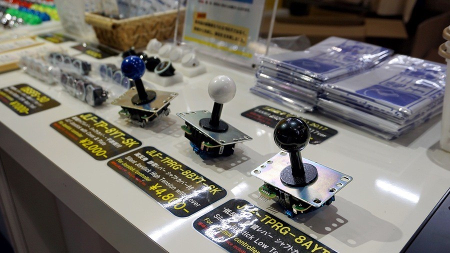 A range of joysticks were on sale at the Sanwa Denshi booth at Tokyo Game Show 2017