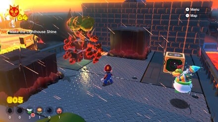 (Clockwise from top left) Be sure to use the Bob-omb to get the Tanooki suit, as it makes this section so much easier. Look for high points on each rotating section and use those to leap onto the next section. Good luck!