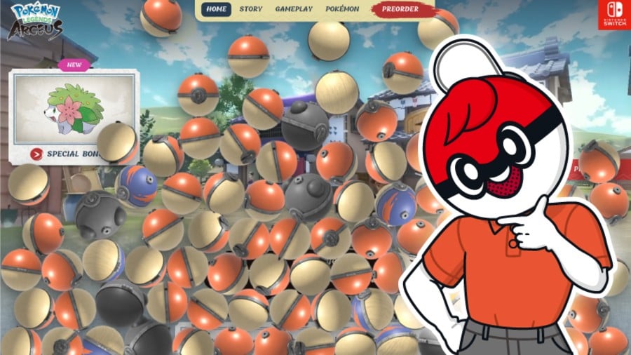 The official game site for Pokémon Legends: Arceus is covered in Poké Balls