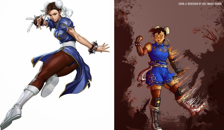 Chun Li (Street Fighter) redesign by Iole Marie Rabor - "Chun Li with her amazing legs and high kicks looks uncomfortable fighting with a thong, so I mixed Boxing shorts together with her Chinese Cheongsam. Thank you, Bruce Lee, for the belt!"