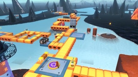 (Clockwise from top left) Ground pound the button and the course appears by magic, with the Cat Shine hidden behind a wall at the end. Navigate the platforms carefully, and use the Fire Flower power-up to take out the enemy and detonate a ball