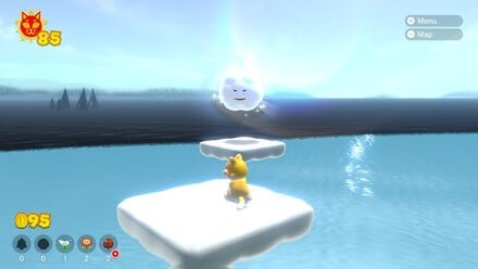 (Clockwise, from top left) Use the bounce pad to reach the smiling cloud. Once you've entered the cloud, you need to defeat all of the enemies to make the Cat Shine appear. Use the gold rings as a guide when it comes to returning to the land below