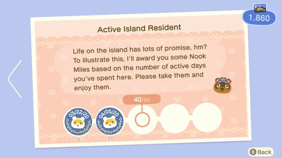 "Active Island Resident" task showing number of days played in game in Nook Miles app on Nook Phone