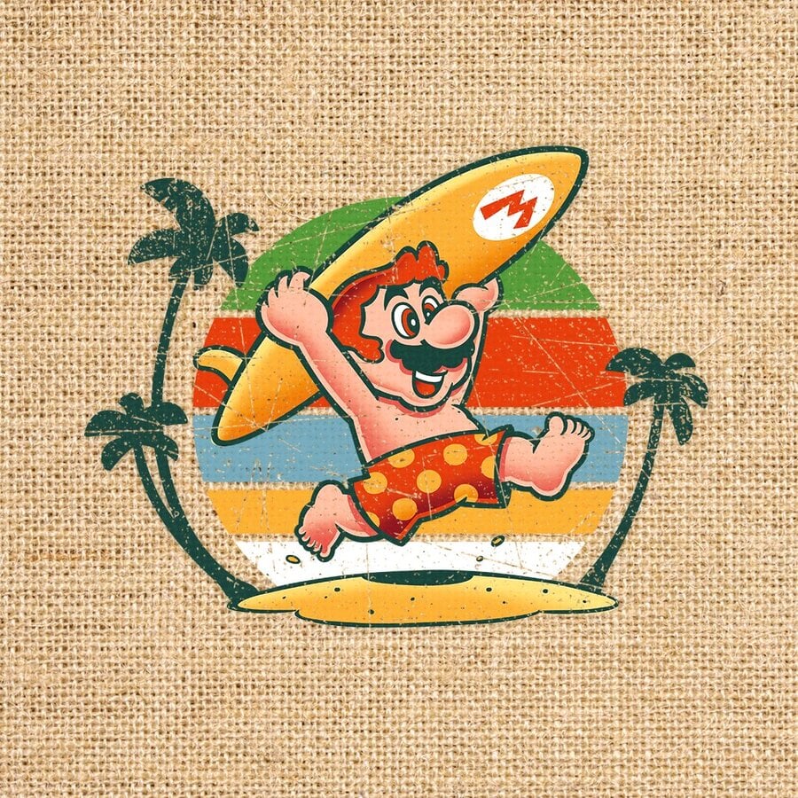 Mario'nun sörf yaparken çekilmiş yazlık bir resmi (meme uçlarıyla birlikte)