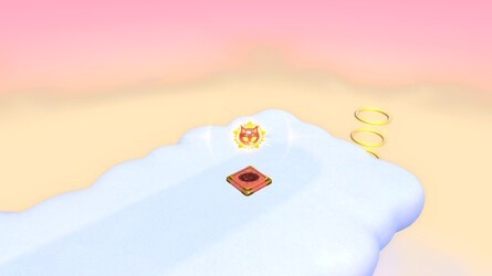 (From left to right) ...use the jump pad to reach the cloud, complete the course and claim your Cat Shine. Then jump into the rings to head back down to earth