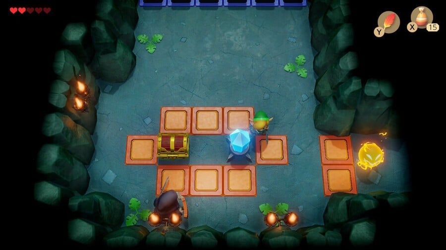 Link hits a gem switch to access a chest containing a small key