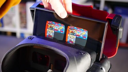 The top of the Virtual Boy accessory flips open to reveal the aperture into which you place your Switch or Switch 2 console. The unit comes with the Switch 2 plate installed, but there's a Switch 1 plate included in the box if you have the original model. You'll need a screwdriver to install it, however