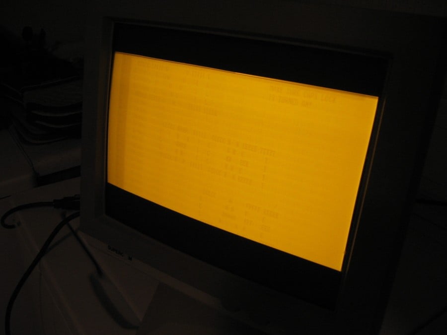 An example of screen burn on an amber CRT monitor