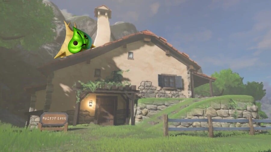 Yahaha! A korok emerges from behind Link's house