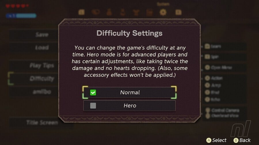 Echoes of Wisdom Difficulty settings menu