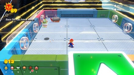 (Clockwise from top left) Ride the moving platforms up Mount Magmeow, taking care to avoid the spinning flames. When you reach the arena at the end, you'll trigger a boss fight – simply force your enemy close to one of the pipes and they'll get sucked in, popping out of another pipe in a vulnerable state