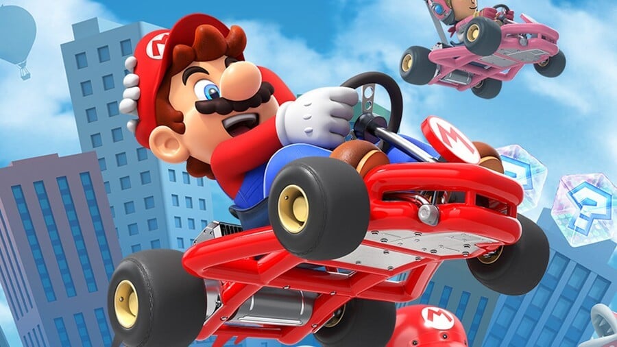 Mario Kart Tour Key Art Mario in AKart Holding Cap Down