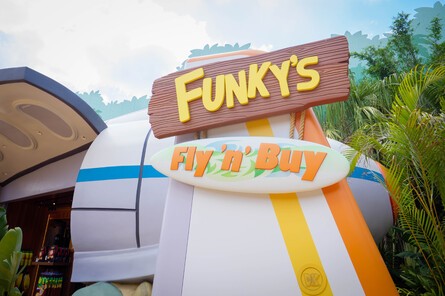 We found Funky's plane, which some humans seem to have converted into a shop for him! You'll find lots of swag featuring the dynamic duo, but nothing here features Dixie or even Funky Kong. At the time of writing, Funky himself remains to be seen as well