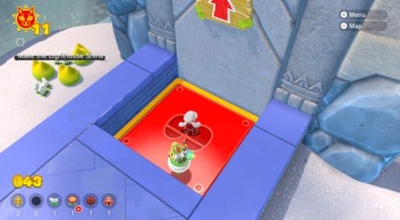 (Clockwise from top left) Use the bounce pads to climb up the island, and be prepared to take down some enemies along the way. The Shine is located at the base of the island's lighthouse