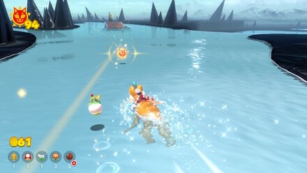 (Clockwise from top left) Grab the first medal and ride Plessie all the way to the Wasteland Giga Bell. Grab the medals on-foot and then leap into the sea for the final stretch