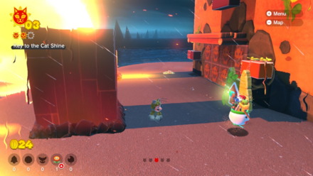 (Clockwise from left) The row of blocks cannot be removed until Bowser wakes from his slumber and uses his fire breath. Once they've gone, nab the Shine to illuminate the lighthouse