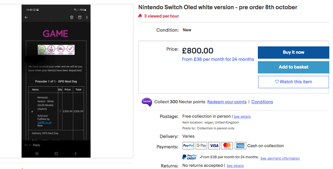eBay listing, Switch OLED