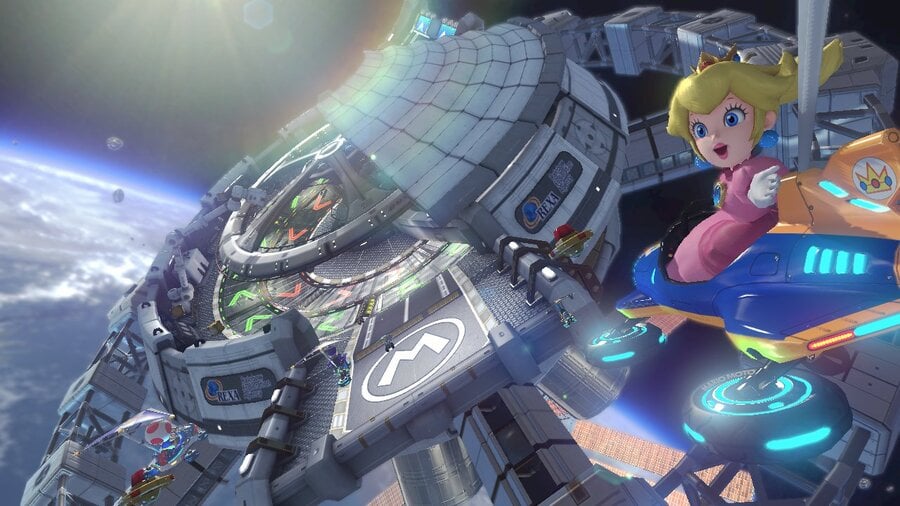 Princess Peach checks out Rainbow Road's outer space base