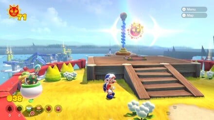 (Clockwise from top left) Wait for Bowser to take out the Bowser blocks then use the pipe to access the clouds. Fling yourself towards the Cat Shine on the island, but be careful that Mario's forward momentum doesn't take you over the edge