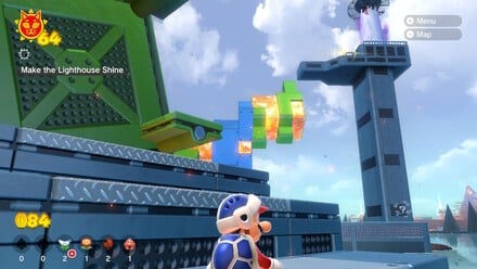 (Clockwise from top left) Be sure to use the Bob-omb to get the Tanooki suit, as it makes this section so much easier. Look for high points on each rotating section and use those to leap onto the next section. Good luck!