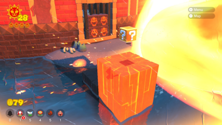 (Clockwise from top left) Once you've finished the third and final boss fight, you'll spot the Cat Shine in the wall. Leave the inside of the colosseum and you'll spot Bowser Blocks on the other side. Once Fury Bowser has unleashed his fire attack, it's yours