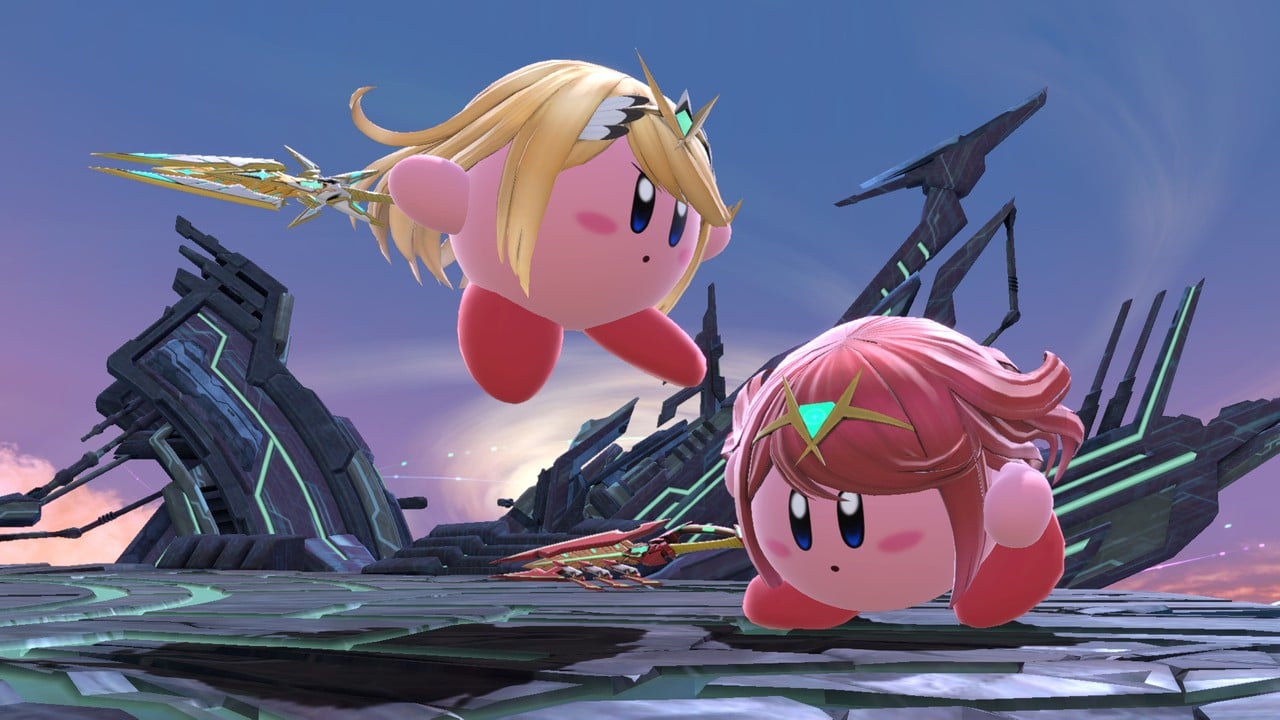 This is what Kirby’s Pyra / Mythra form looks like in Smash Bros.  Ultimate