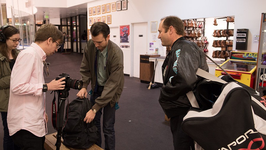 Paula, Adam and Andrew film a segment with Power Glove template designer Darin Barri